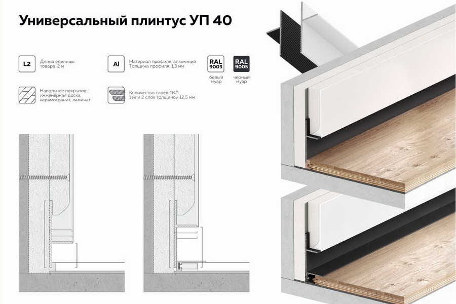 УП 40 - Универсальный плинтус для ГКЛ FerGipps УП 40 - Универсальный плинтус для ГКЛ FerGipps